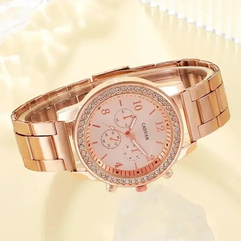 6st set Rose Gold Luxury Watch Dam Ring Halsband Örhänge Strass Mode Armbandsur Casual Dam Armband Klockor