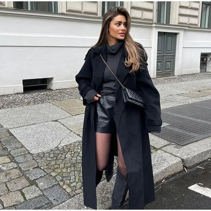 Women's Black Long Wool Coat with Belt and Lapel