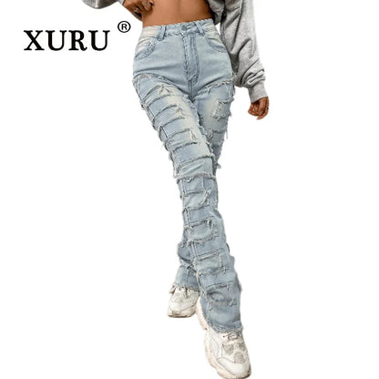 XURU-Elastic Patch Jeans for Women, Tear Layered, Straight Leg, European and American Wear, K16-CK3018, New