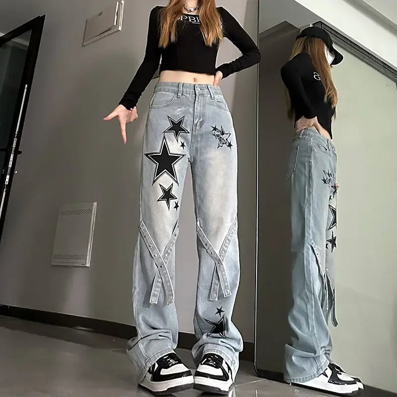 Womens Jeans With Print Graphic Pattern Star Trousers Wide Leg Emo Vibrant Baggy R On Sale Grunge Y2k A Z Denim Pants for Women