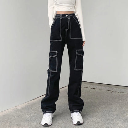 Baggy Black Wide Leg Jeans with Patchwork Pockets and Streetwear Style