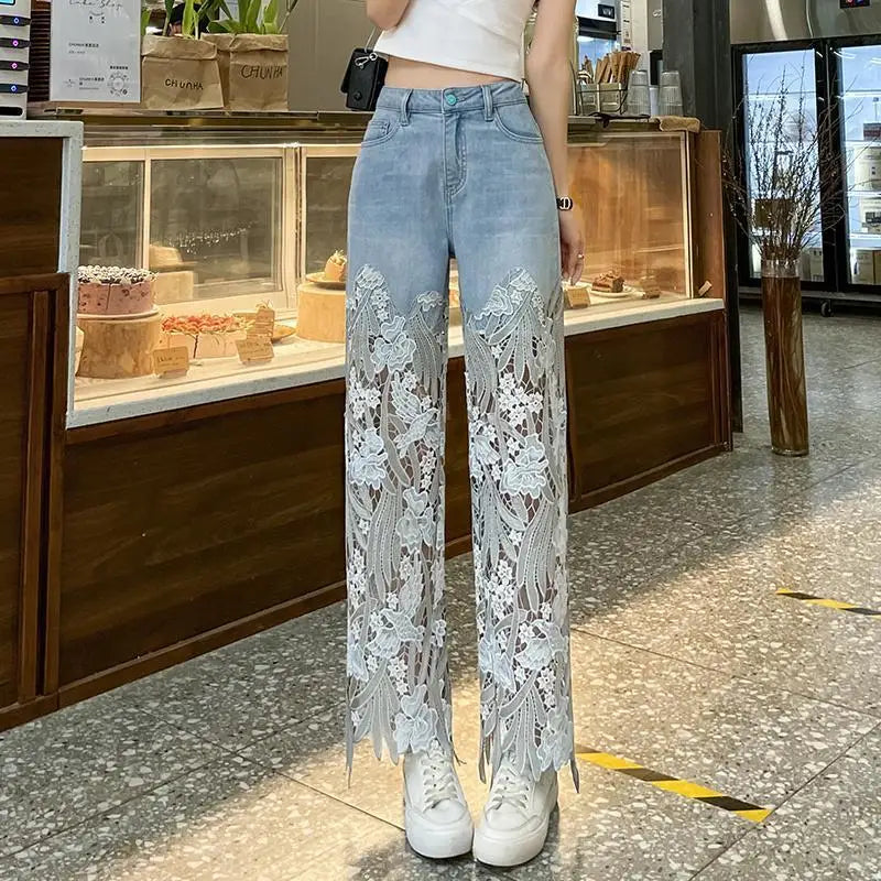 Pants for Woman and Capris Straight Leg with Rhinestones Transparent Women's Jeans Lace Grunge Y2k Spring Pant Vintage Trousers