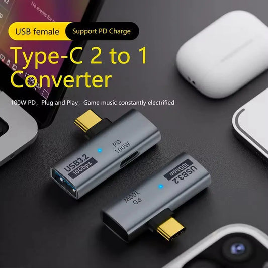 USB Type-C OTG 2-i-1-adapter med 100W PD-laddnings- eller ångdäcksbrytare USB C till USB 3.2-konverteradapter