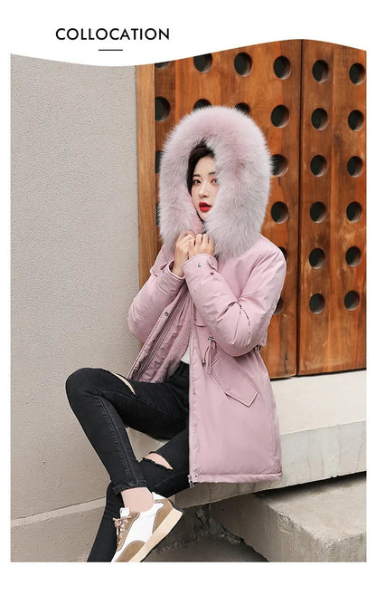 Hooded Long Parka with Wool Liner and Fur Collar Slim and Warm