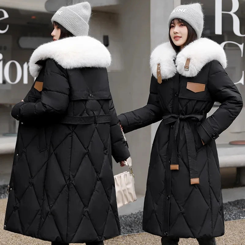 Slim Long Fur Collar Parka Coat Elegant and Warm