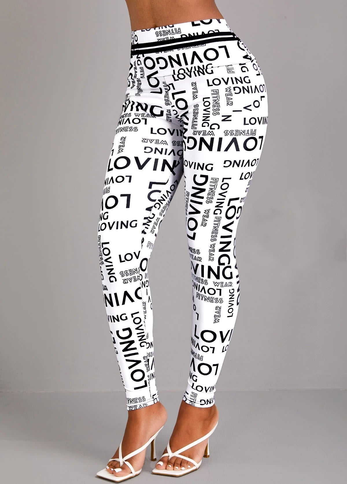 Women's High Waist Black and White Printed Yoga Leggings