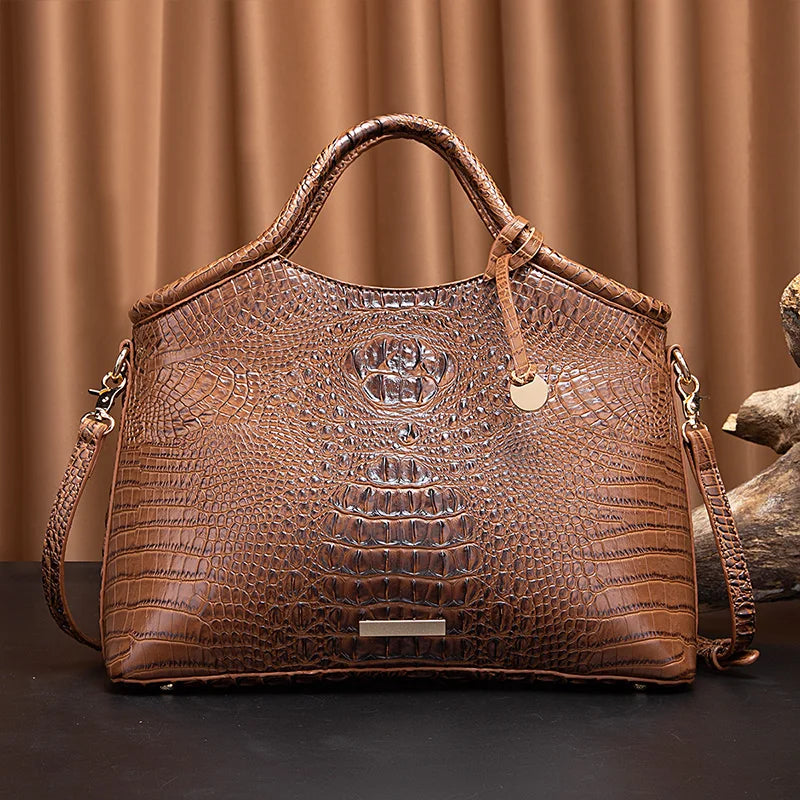 Genuine Leather Handbag – High-End Retro Women's Bag with Crocodile Pattern and Solid Color Design