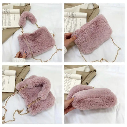 Fashion Women Fluffy Shoulder Bag – Winter Chain Underarm Bag med mjukt plyschhandtag