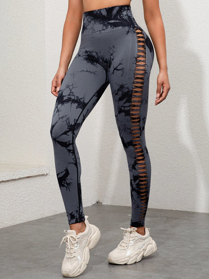 Sömlösa gymleggings för kvinnor med hög midja Tie Dye med Hollow Out-design