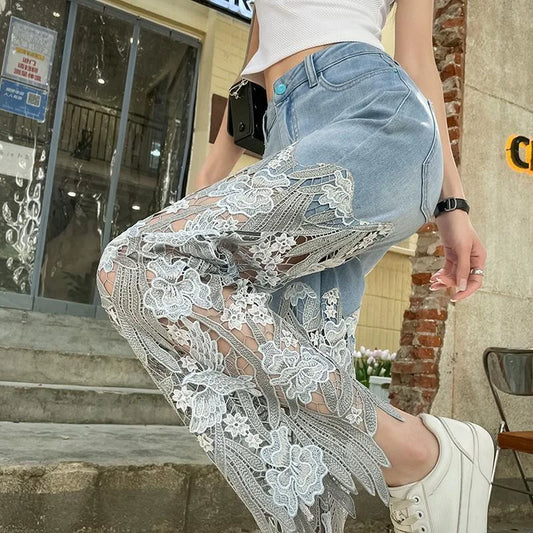 Pants for Woman and Capris Straight Leg with Rhinestones Transparent Women's Jeans Lace Grunge Y2k Spring Pant Vintage Trousers