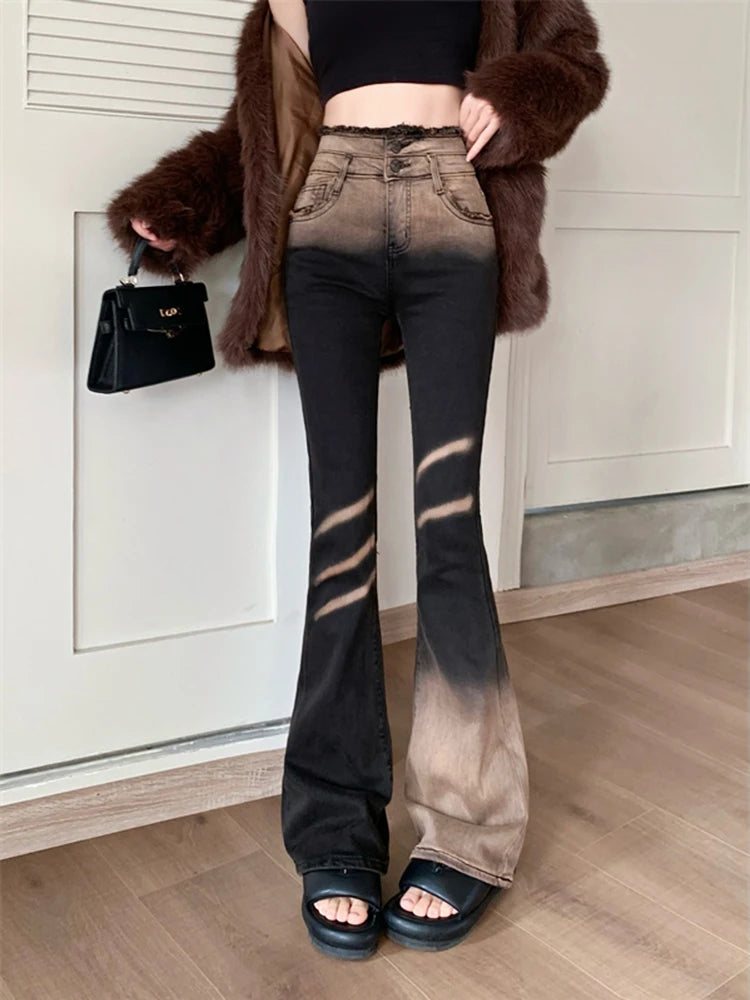 Two-Tone Gradient Flare Jeans med dubbla knappar och distressed Style