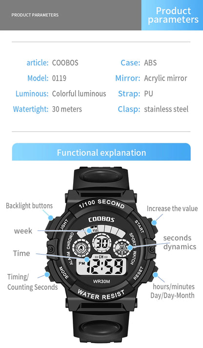 COOBOS Brand Children Watch Sports Digital Watch for Kids Boys Girls Student 30M Waterproof Multifunctional LED Wristwatch