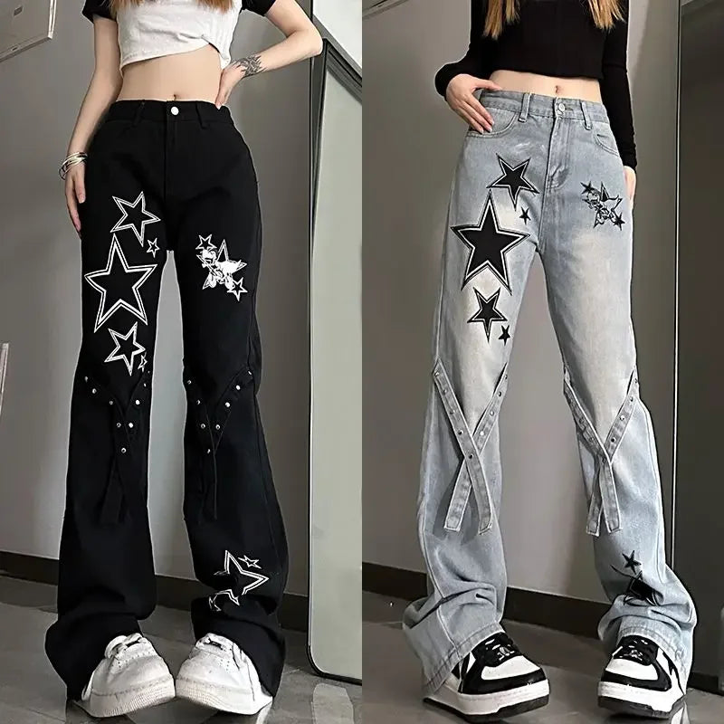 Damjeans med tryck Grafiskt mönster Stjärnbyxor vida ben Emo Vibrant Baggy R Rea Grunge Y2k AZ jeansbyxor för kvinnor