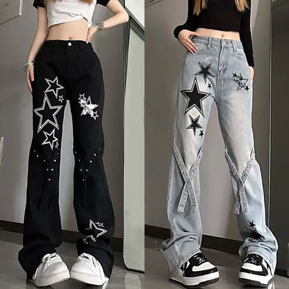 Womens Jeans With Print Graphic Pattern Star Trousers Wide Leg Emo Vibrant Baggy R On Sale Grunge Y2k A Z Denim Pants for Women