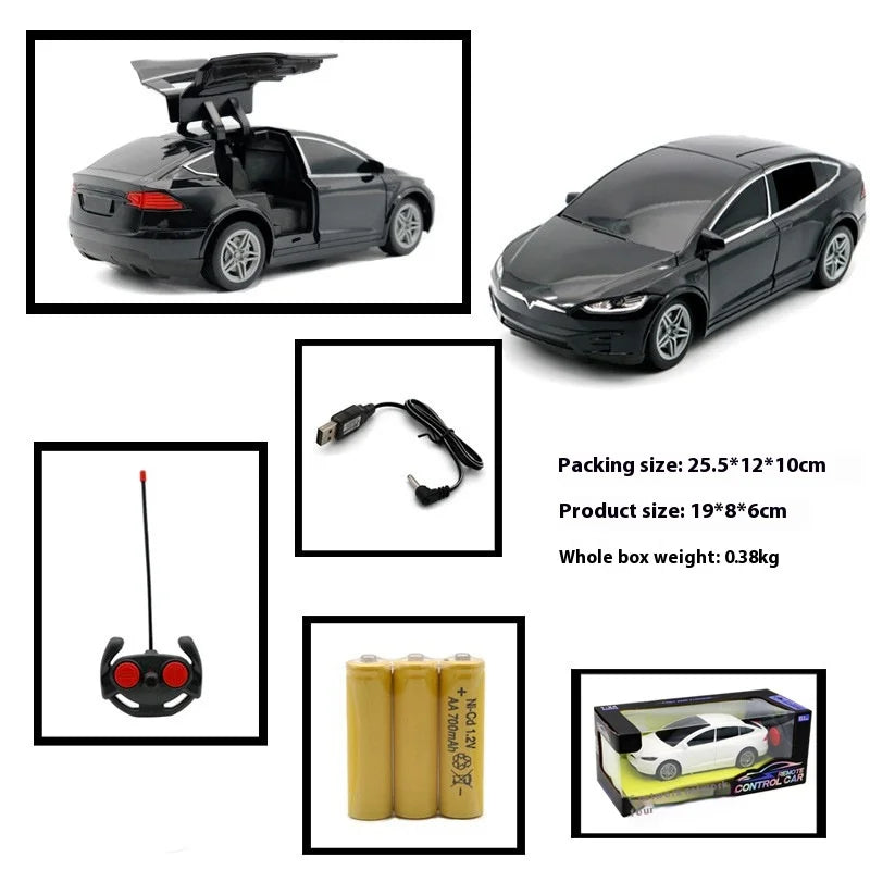 Tesla RC Car – 4-Channel Drift Remote Control Car with Lights and Simulation Double Doors, Plastic Model, Kids' Toy Gift