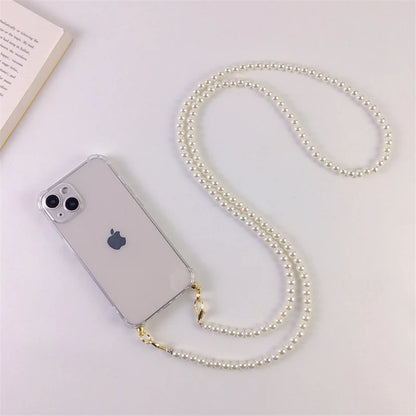 Luxury Korean Crossbody Pearl Chain Phone Case with Transparent Cover and Strap for iPhone