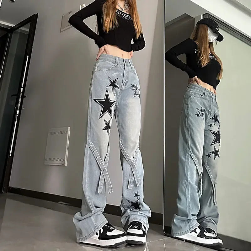 Damjeans med tryck Grafiskt mönster Stjärnbyxor vida ben Emo Vibrant Baggy R Rea Grunge Y2k AZ jeansbyxor för kvinnor