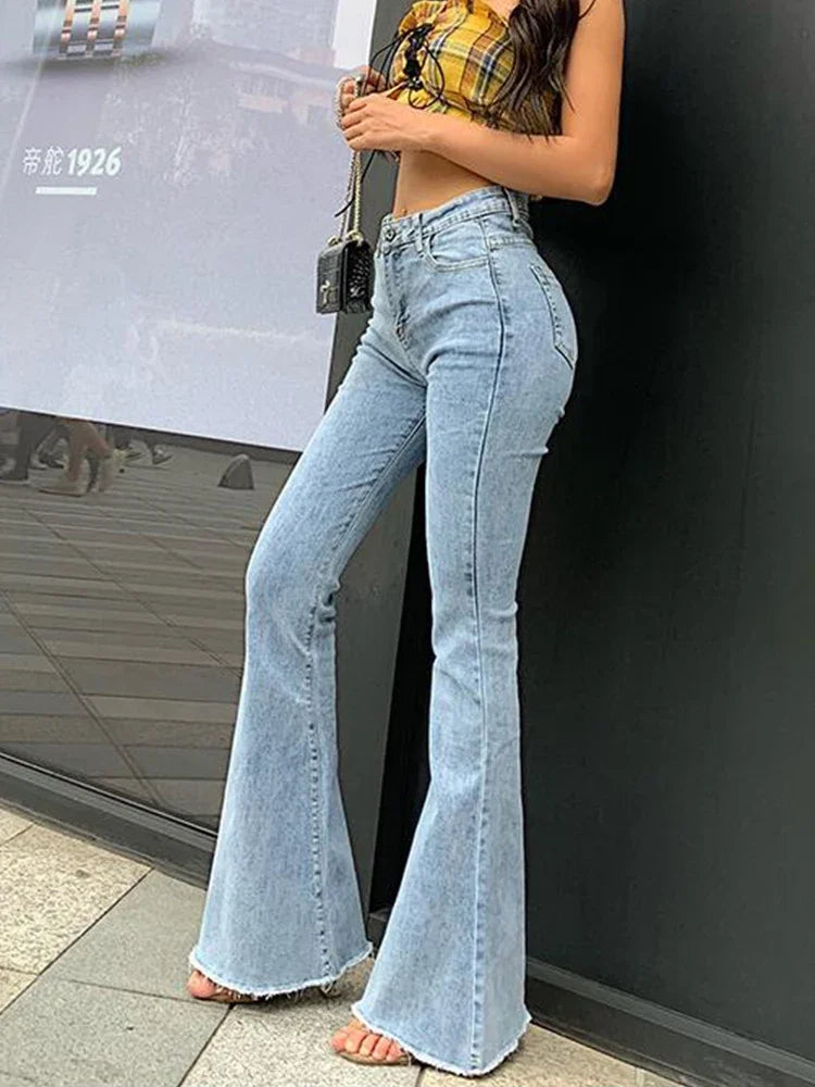 High Waist Flare Jeans with Stretch Vintage and Retro Style