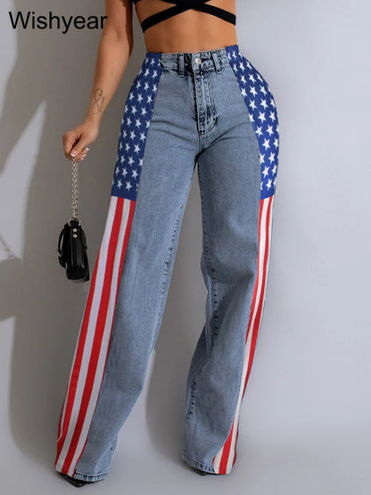 Wide Leg Baggy Jeans with High Waist and Stripe Patchwork Design