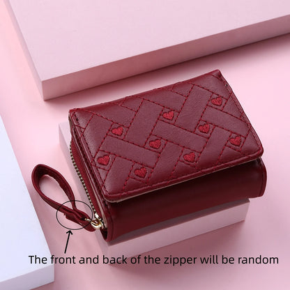 Women's Short Embroidered Love Zero Wallet Zipper Buckle Large Capacity Card Bag Versatile Fashion Simple