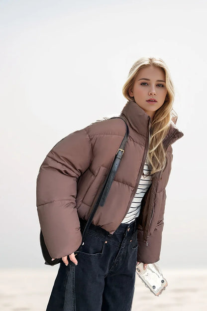 Women's Cropped Puffer Jacket with Stand Collar