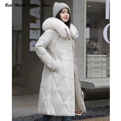 Slim Long Fur Collar Parka Coat Elegant and Warm