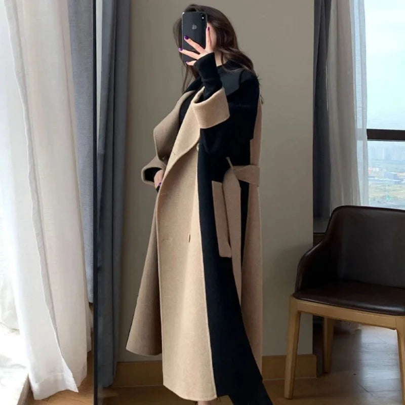 Elegant Long Cashmere Blend Overcoat with Slim Sashes