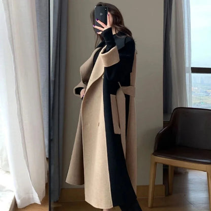 Elegant Long Cashmere Blend Overcoat with Slim Sashes