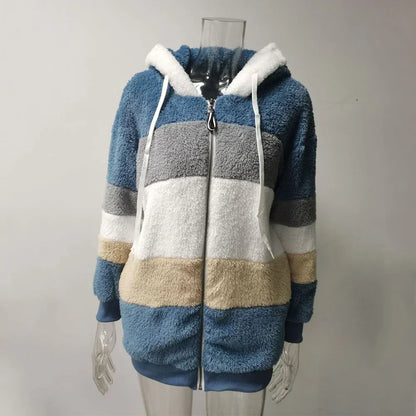 Hooded Zipper Coat with Cashmere and Plaid Stitching Stylish and Warm