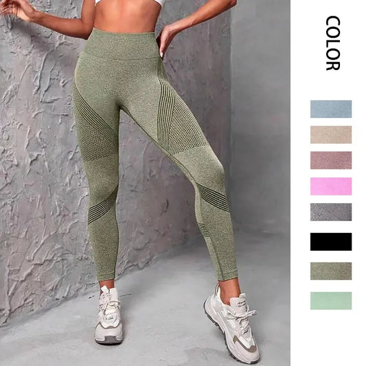 Women's High Waist Fitness Leggings with Striped Mesh