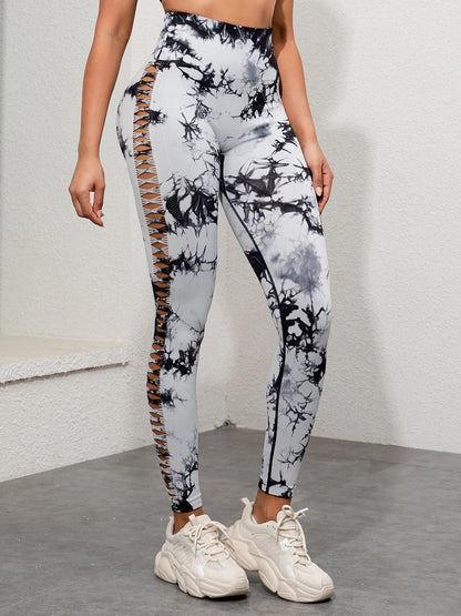 Sömlösa gymleggings för kvinnor med hög midja Tie Dye med Hollow Out-design