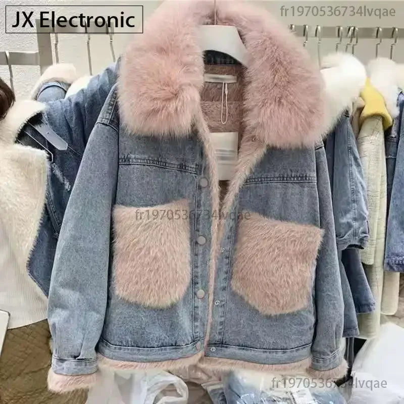 Women's Korean Style Fleece Lined Denim Jacket with Cotton Filling