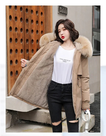 Hooded Long Parka with Wool Liner and Fur Collar Slim and Warm