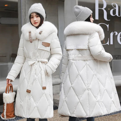 Slim Long Fur Collar Parka Coat Elegant and Warm