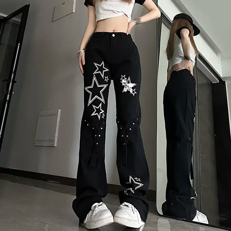 Womens Jeans With Print Graphic Pattern Star Trousers Wide Leg Emo Vibrant Baggy R On Sale Grunge Y2k A Z Denim Pants for Women