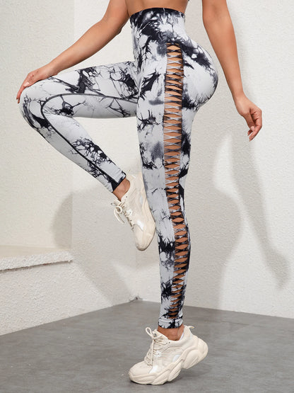 Sömlösa gymleggings för kvinnor med hög midja Tie Dye med Hollow Out-design