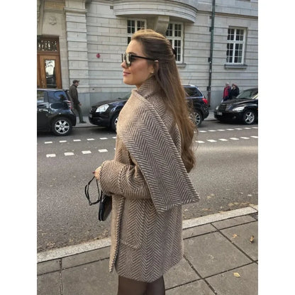 2024 Retro randig halsduk Krage Ullblandningar Jacka Dam Chic Fickor Enkelknäppt Helärmad Kappa Lady Nya Elegant Ytterkläder