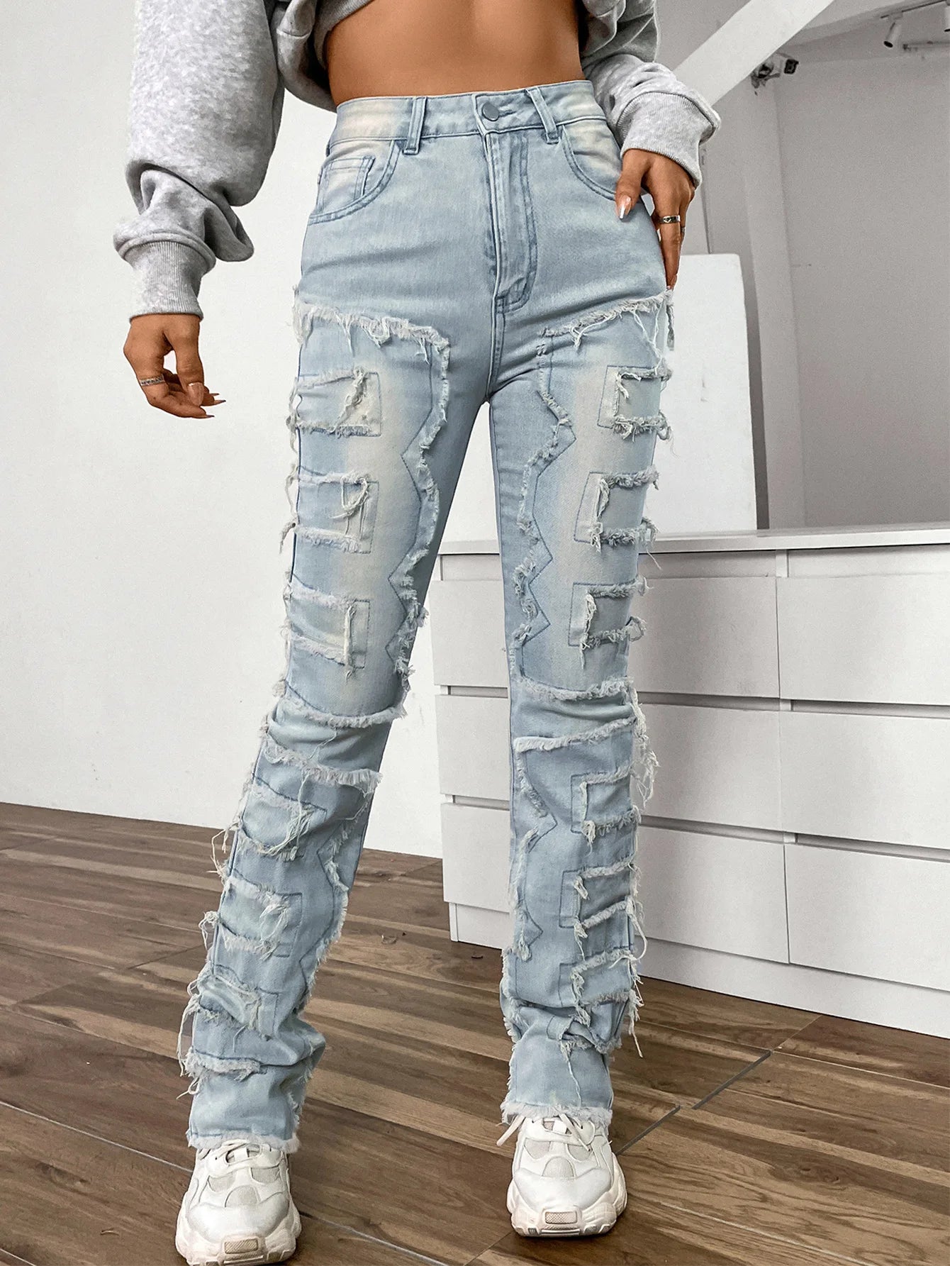 XURU-jeans med elastisk patch för kvinnor, slitstarka, raka ben, europeisk och amerikansk klädsel, K16-CK3018, ny