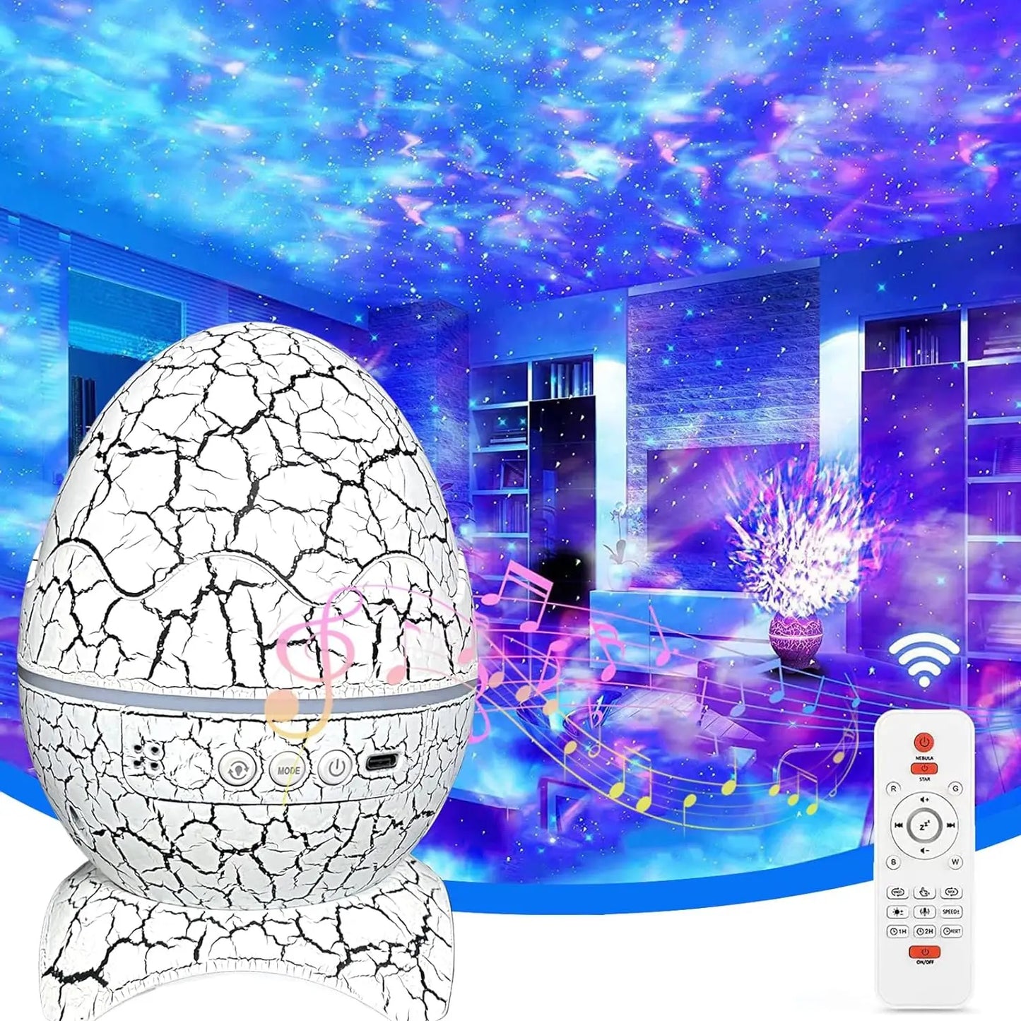 Dinosaur Egg Galaxy Projector – Space Buddy Star Projector Night Light, Astronaut Projector för barn och vuxna, Bluetooth-högtalare