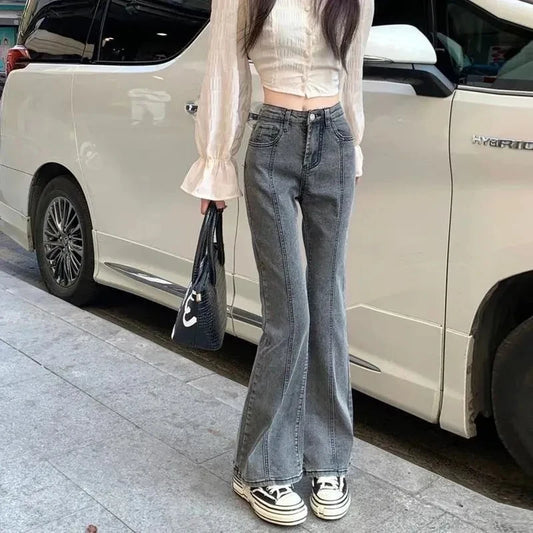 Vintage High Waist Flare Jeans High Street Women Boot Cut Denim Pant Slim Loose Korean Casual Button Up Zippers Gray Trousers