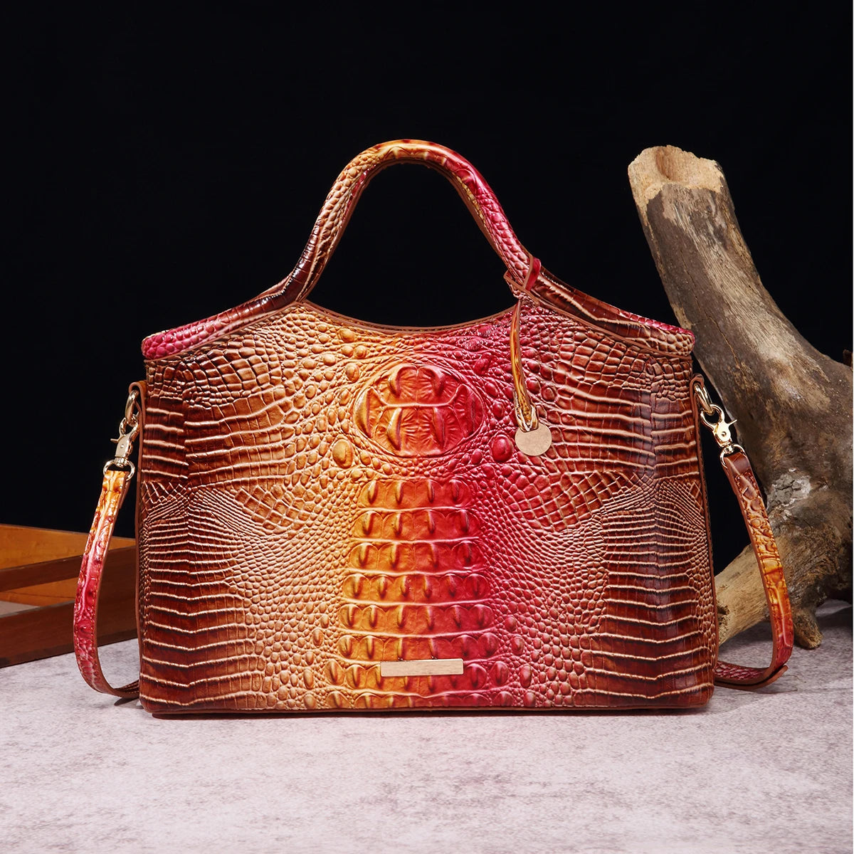 Genuine Leather Handbag – High-End Retro Women's Bag with Crocodile Pattern and Solid Color Design