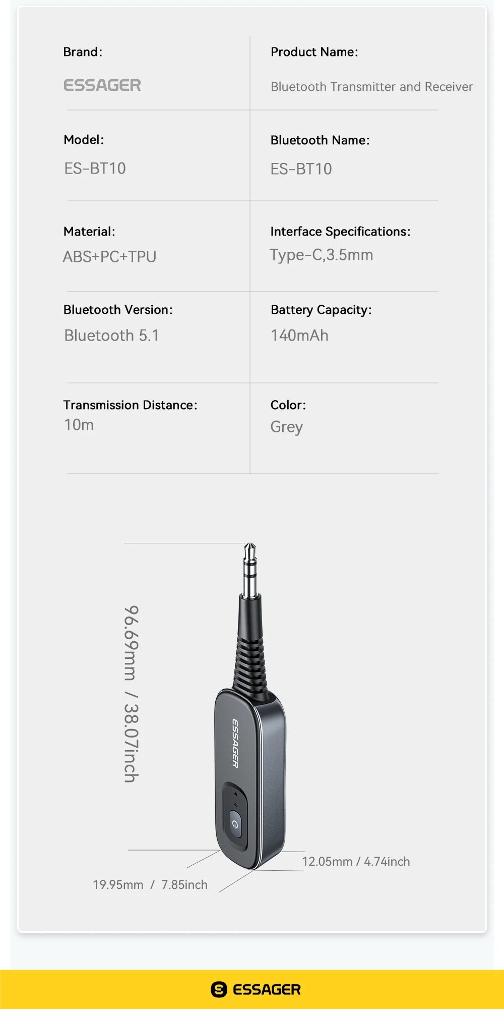 Essager Bluetooth 5.1 Audio Receiver Transmitter 3.5MM 3.5 AUX With Mic Stereo Music Wireless Adapter For  PC TV Car Speakers