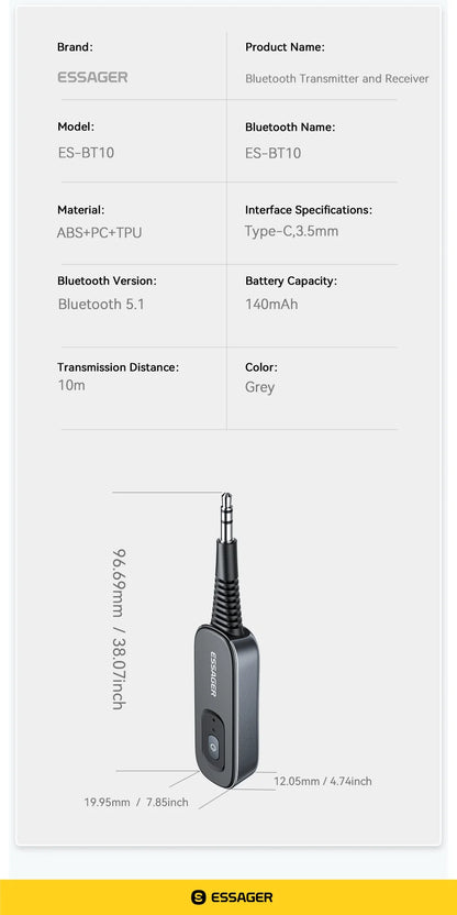 Essager Bluetooth 5.1 Audio Receiver Sändare 3.5MM 3.5 AUX Med Mic Stereo Musik Trådlös Adapter För PC TV Bilhögtalare