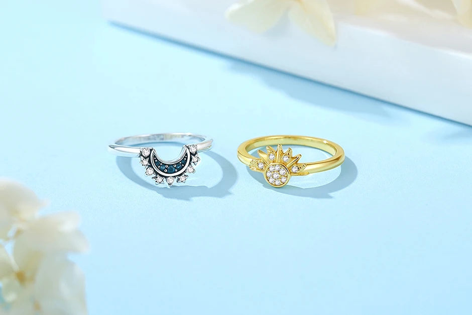 Original 925 Sterling Silver Rings For Women Moon Sun Engagement Wedding Stackable Crystals Ring Gold Luxury Jewelry Gift