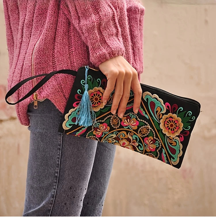 Vintage Ethnic Style Embroidered Wallet – Long Wristlet Clutch Bag with Floral Fabric Design and Phone Pocket