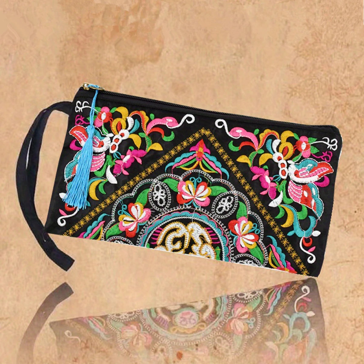 Vintage Ethnic Style Embroidered Wallet – Long Wristlet Clutch Bag with Floral Fabric Design and Phone Pocket