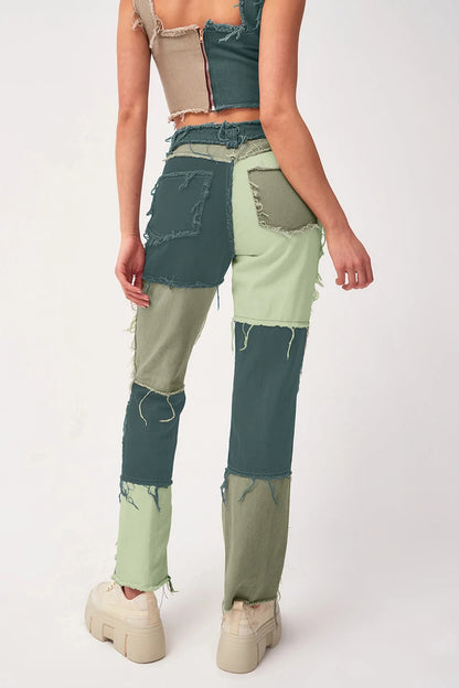 Jeans Women Straight green Pants Patchwork