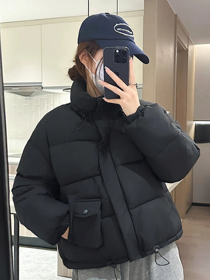 Women's Black Short Down Cotton Jacket Korean Style