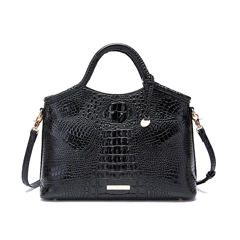 Genuine Leather Handbag – High-End Retro Women's Bag with Crocodile Pattern and Solid Color Design