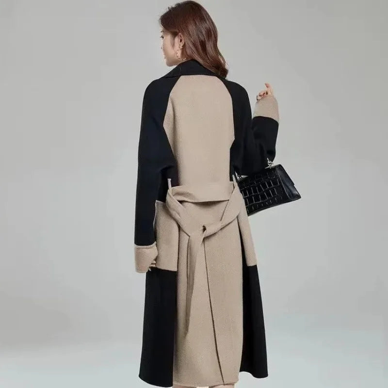 Elegant Long Cashmere Blend Overcoat with Slim Sashes